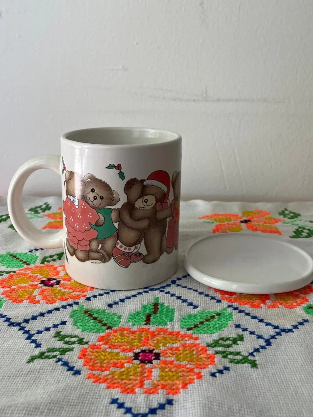 Vintage Holiday Teddy Bear Mug with Coaster